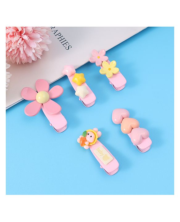 Babyhug Floral & Star Applique Hair Pins And Clips Pack of 5- Pink