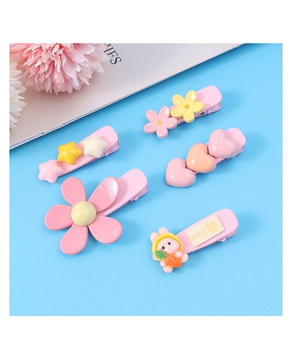 Babyhug Floral & Star Applique Hair Pins And Clips Pack of 5- Pink
