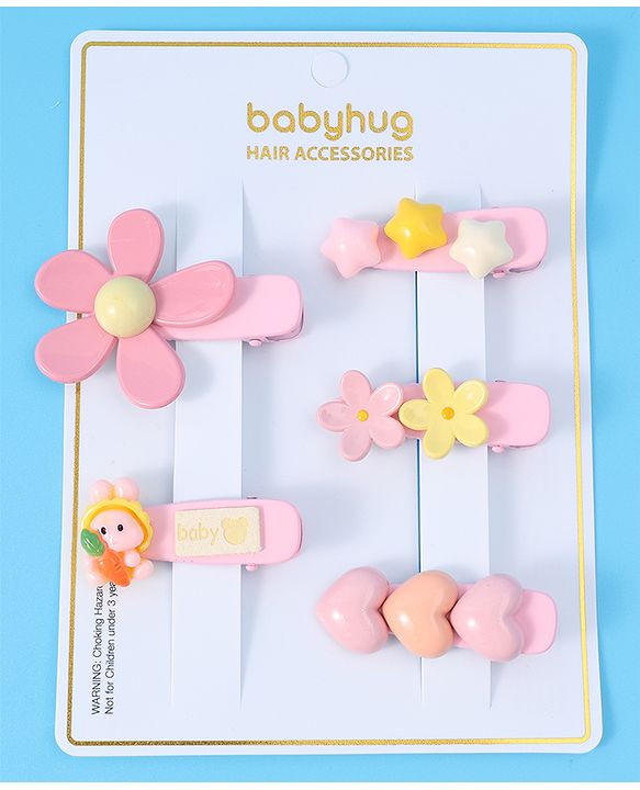 Babyhug Floral & Star Applique Hair Pins And Clips Pack of 5- Pink