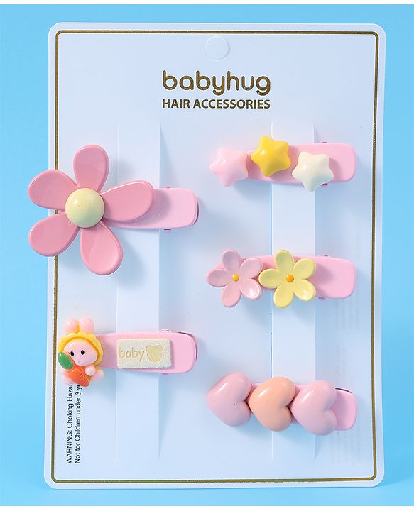 Babyhug Floral & Star Applique Hair Pins And Clips Pack of 5- Pink