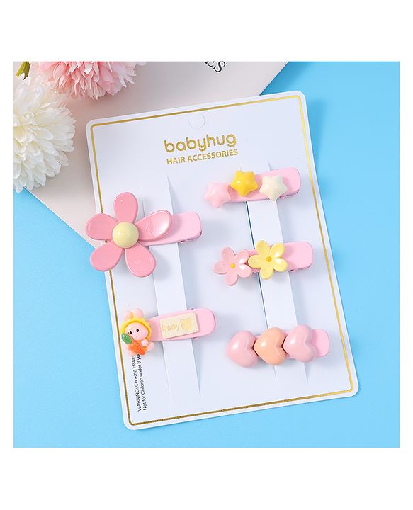 Babyhug Floral & Star Applique Hair Pins And Clips Pack of 5- Pink