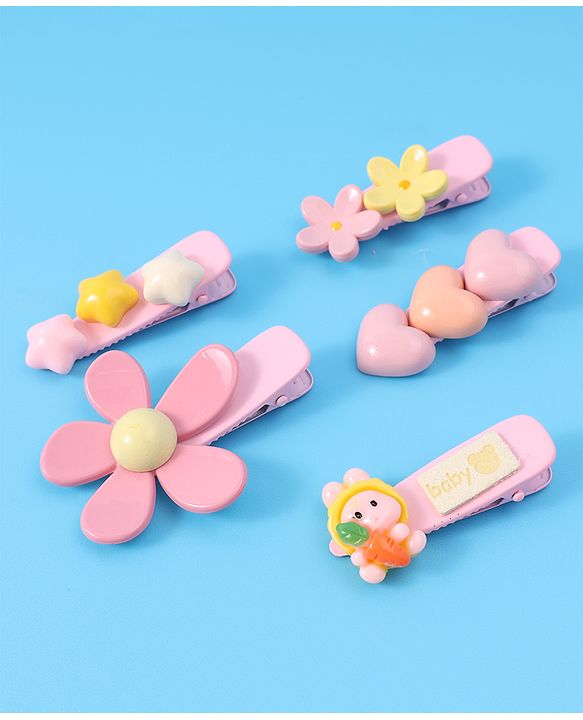 Babyhug Floral & Star Applique Hair Pins And Clips Pack of 5- Pink