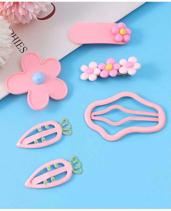 Babyhug Hair Pins And Clips with Floral Applique Free Size Pack of 6 - Pink