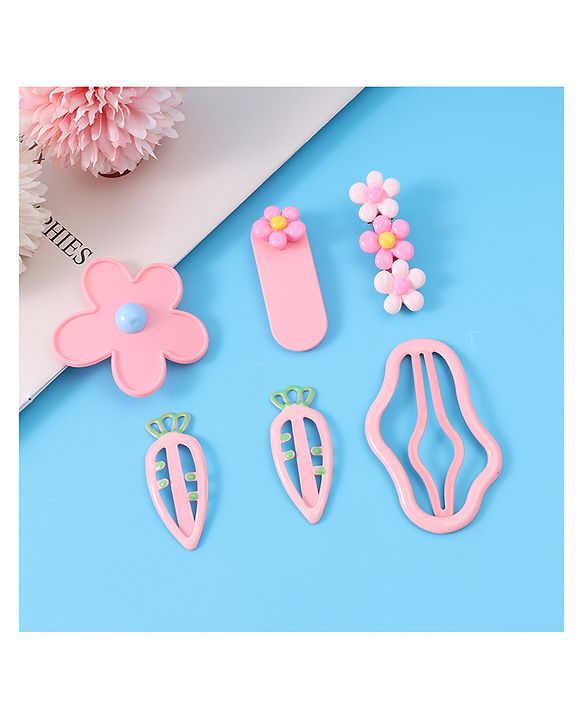 Babyhug Hair Pins And Clips with Floral Applique Free Size Pack of 6 - Pink