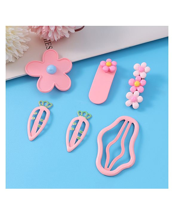 Babyhug Hair Pins And Clips with Floral Applique Free Size Pack of 6 - Pink