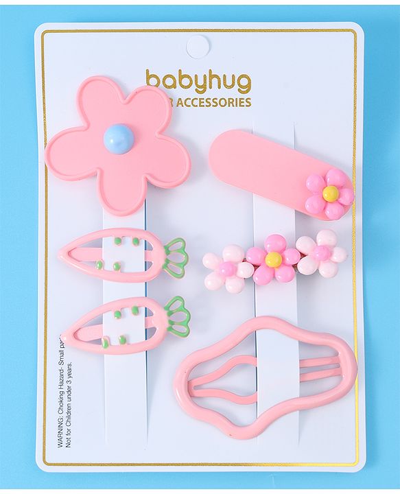 Babyhug Hair Pins And Clips with Floral Applique Free Size Pack of 6 - Pink