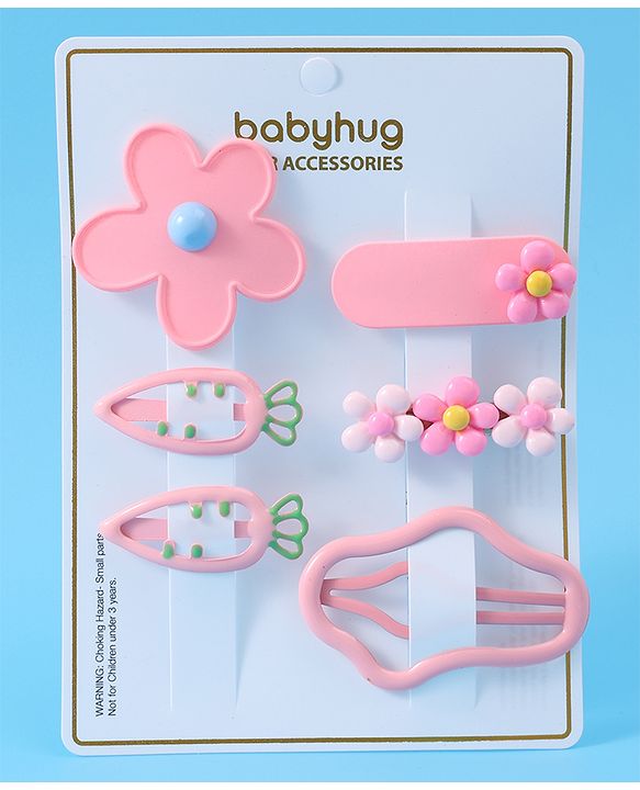 Babyhug Hair Pins And Clips with Floral Applique Free Size Pack of 6 - Pink