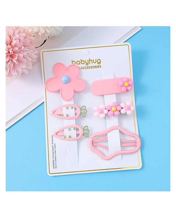 Babyhug Hair Pins And Clips with Floral Applique Free Size Pack of 6 - Pink