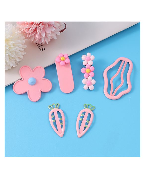 Babyhug Hair Pins And Clips with Floral Applique Free Size Pack of 6 - Pink