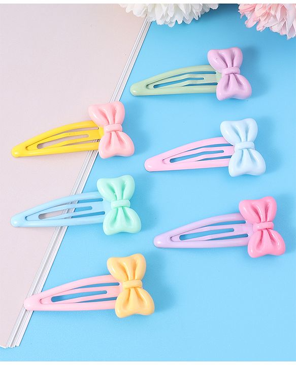 Babyhug Snap Clips with Bow Applique Free Size Pack of 6 - Pink Blue & Yellow