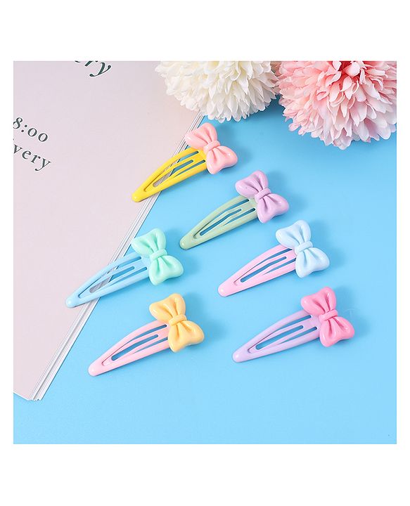 Babyhug Snap Clips with Bow Applique Free Size Pack of 6 - Pink Blue & Yellow