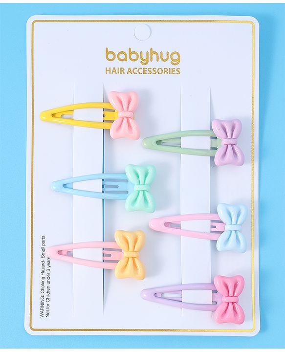 Babyhug Snap Clips with Bow Applique Free Size Pack of 6 - Pink Blue & Yellow