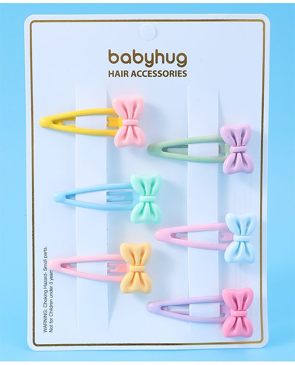 Babyhug Snap Clips with Bow Applique Free Size Pack of 6 - Pink Blue & Yellow