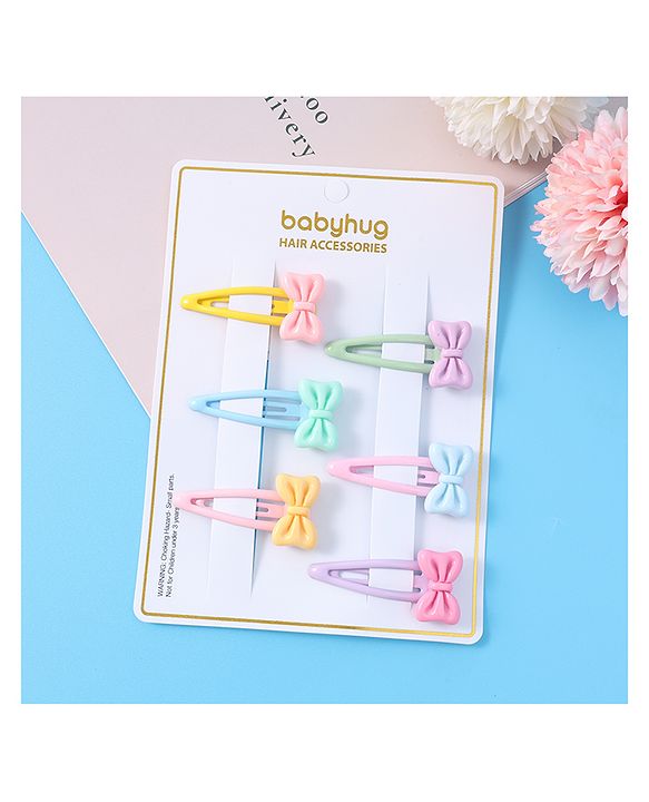 Babyhug Snap Clips with Bow Applique Free Size Pack of 6 - Pink Blue & Yellow