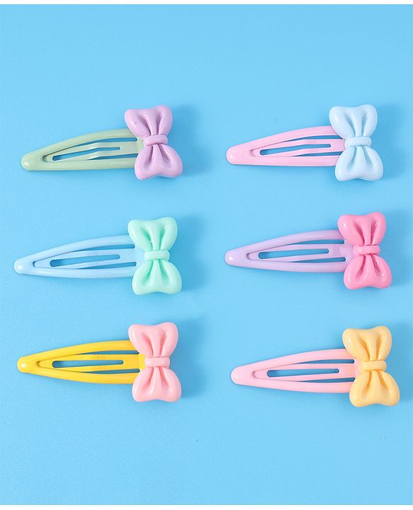 Babyhug Snap Clips with Bow Applique Free Size Pack of 6 - Pink Blue & Yellow