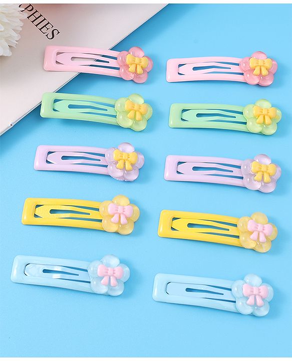 Babyhug Snap Clips with Floral Applique Free Size Pack of 10 - Pink Blue & Yellow