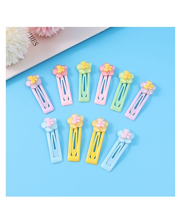 Babyhug Snap Clips with Floral Applique Free Size Pack of 10 - Pink Blue & Yellow