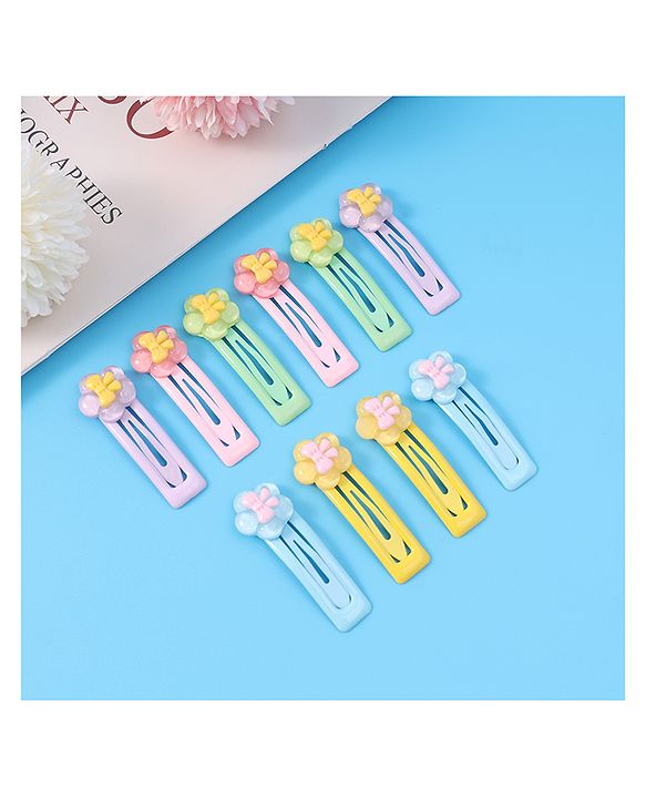 Babyhug Snap Clips with Floral Applique Free Size Pack of 10 - Pink Blue & Yellow