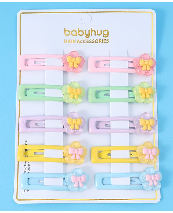 Babyhug Snap Clips with Floral Applique Free Size Pack of 10 - Pink Blue & Yellow