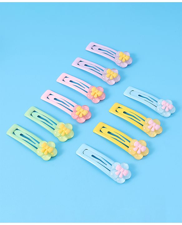 Babyhug Snap Clips with Floral Applique Free Size Pack of 10 - Pink Blue & Yellow