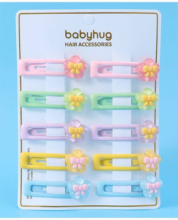 Babyhug Snap Clips with Floral Applique Free Size Pack of 10 - Pink Blue & Yellow