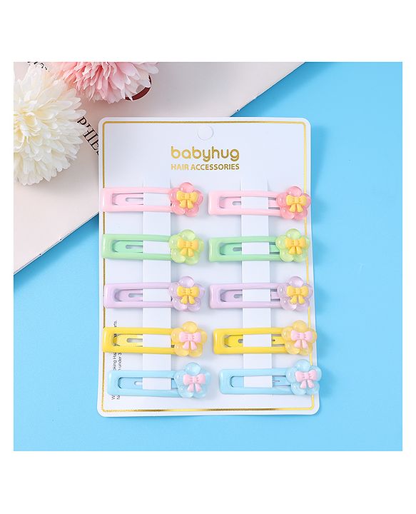 Babyhug Snap Clips with Floral Applique Free Size Pack of 10 - Pink Blue & Yellow