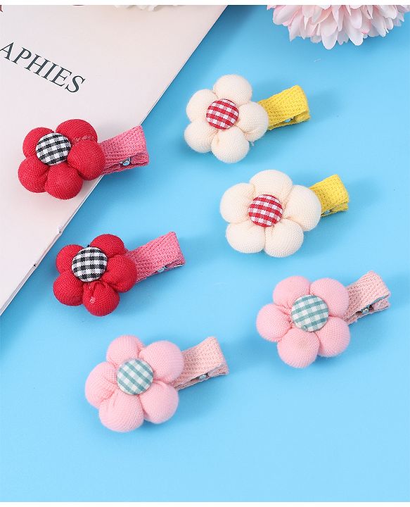 Babyhug Hair Pins And Clips with Floral Applique Free Size Pack of 6 - Red White & Pink