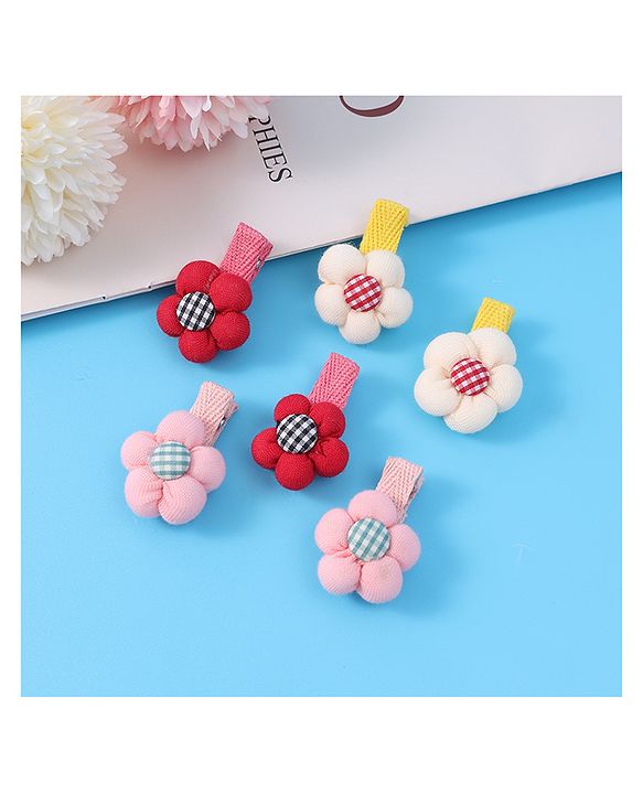 Babyhug Hair Pins And Clips with Floral Applique Free Size Pack of 6 - Red White & Pink