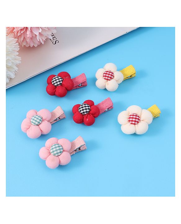 Babyhug Hair Pins And Clips with Floral Applique Free Size Pack of 6 - Red White & Pink