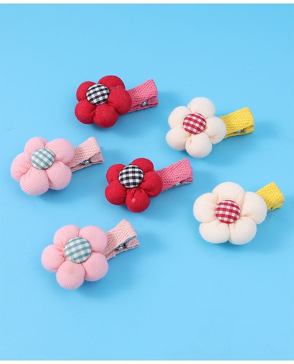 Babyhug Hair Pins And Clips with Floral Applique Free Size Pack of 6 - Red White & Pink