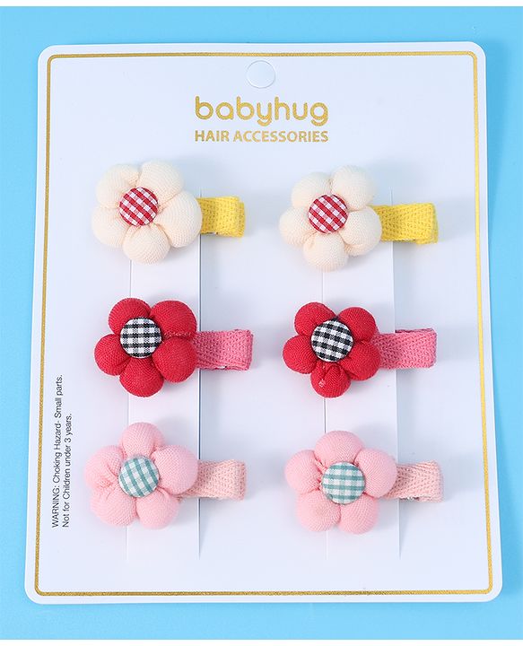 Babyhug Hair Pins And Clips with Floral Applique Free Size Pack of 6 - Red White & Pink