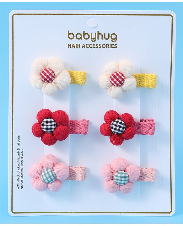 Babyhug Hair Pins And Clips with Floral Applique Free Size Pack of 6 - Red White & Pink