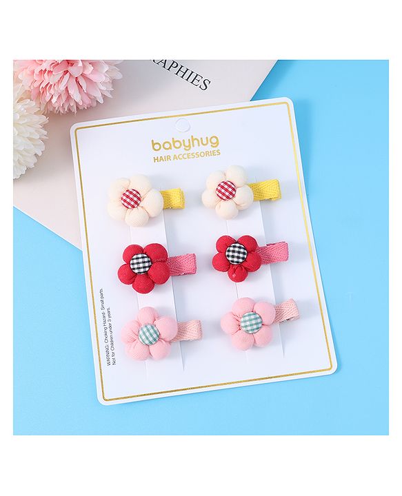 Babyhug Hair Pins And Clips with Floral Applique Free Size Pack of 6 - Red White & Pink
