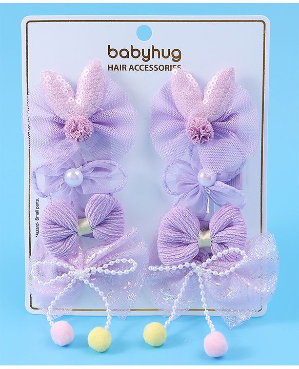 Babyhug Free Size Hair Pins & Clips with Bow & FLoral Applique Pack of 6  - Purple