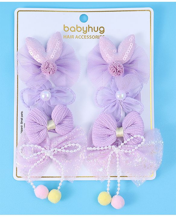 Babyhug Free Size Hair Pins & Clips with Bow & FLoral Applique Pack of 6  - Purple