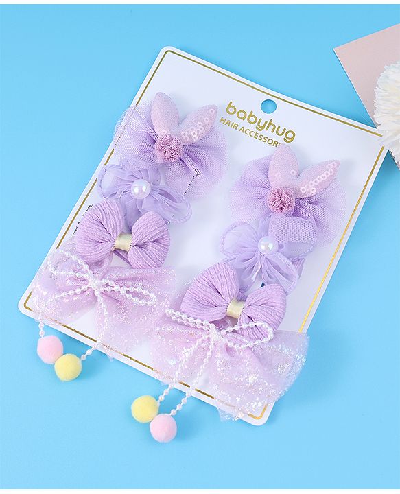 Babyhug Free Size Hair Pins & Clips with Bow & FLoral Applique Pack of 6  - Purple