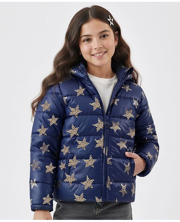 Pine Kids Woven Full Sleeves Front Open Padded Hooded Jacket with Foil Star Print - Navy Blue