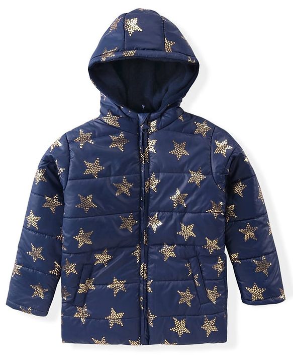 Pine Kids Woven Full Sleeves Front Open Padded Hooded Jacket with Foil Star Print - Navy Blue