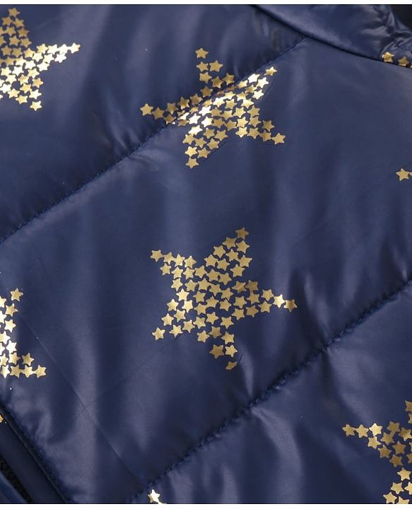 Pine Kids Woven Full Sleeves Front Open Padded Hooded Jacket with Foil Star Print - Navy Blue