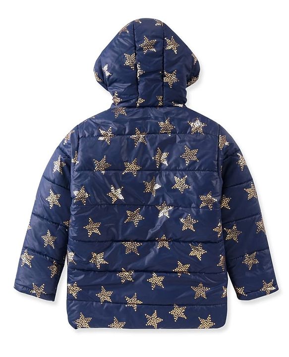 Pine Kids Woven Full Sleeves Front Open Padded Hooded Jacket with Foil Star Print - Navy Blue