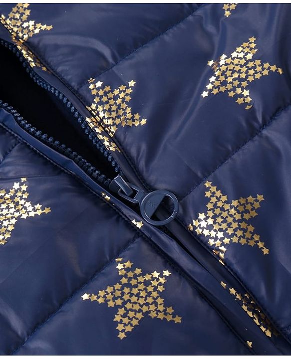 Pine Kids Woven Full Sleeves Front Open Padded Hooded Jacket with Foil Star Print - Navy Blue