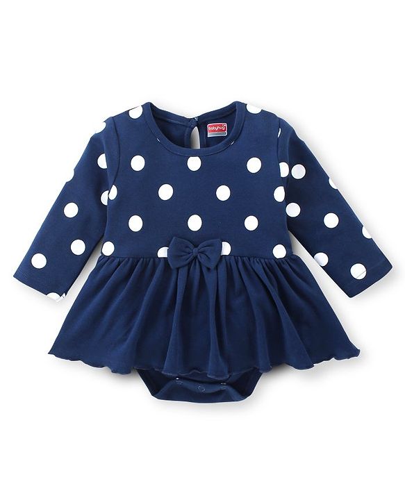 Babyhug 100 % Cotton Knit Full Sleeves Frock Style Onesie With Hairband Polka Dot Print-Navy Blue