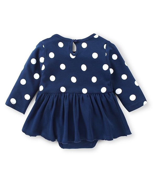 Babyhug 100 % Cotton Knit Full Sleeves Frock Style Onesie With Hairband Polka Dot Print-Navy Blue
