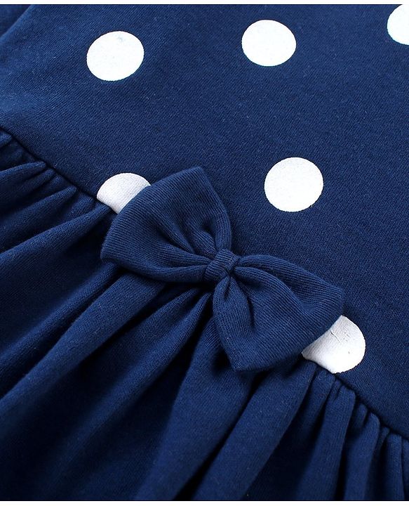 Babyhug 100 % Cotton Knit Full Sleeves Frock Style Onesie With Hairband Polka Dot Print-Navy Blue