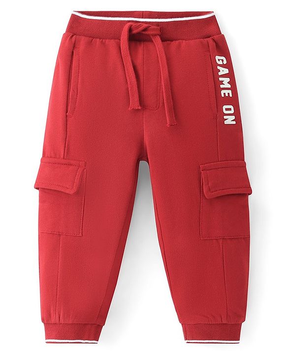 Babyhug French Terry Knit Full Length Lounge Pant with Cargo Pockets & Text Print - Red
