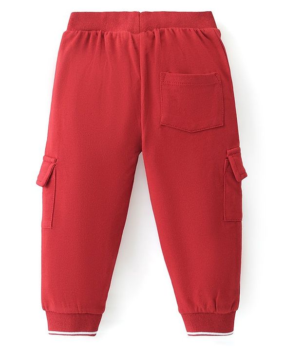 Babyhug French Terry Knit Full Length Lounge Pant with Cargo Pockets & Text Print - Red