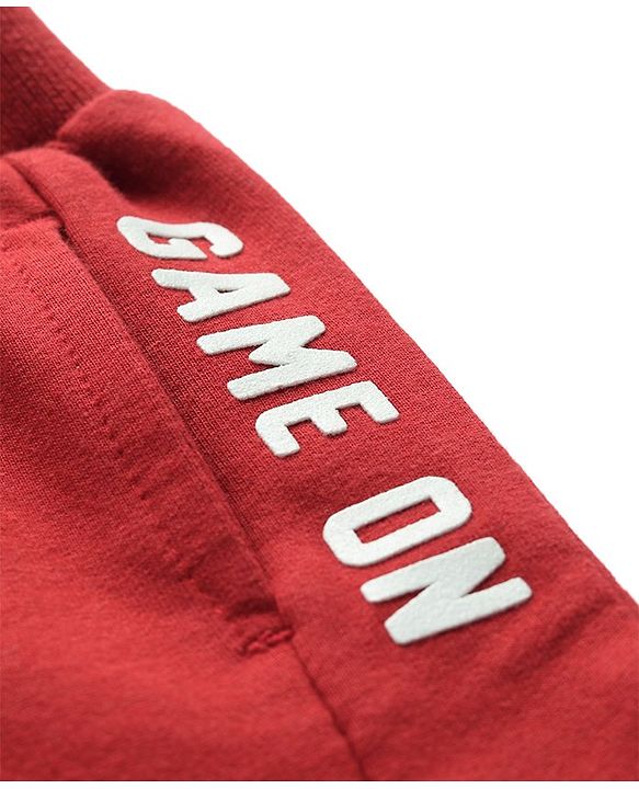 Babyhug French Terry Knit Full Length Lounge Pant with Cargo Pockets & Text Print - Red
