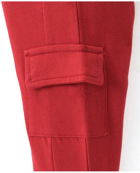Babyhug French Terry Knit Full Length Lounge Pant with Cargo Pockets & Text Print - Red