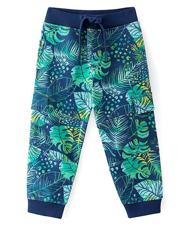 Babyhug French Terry Knit Full Length Lounge Pant with Tropical Print - Navy Blue