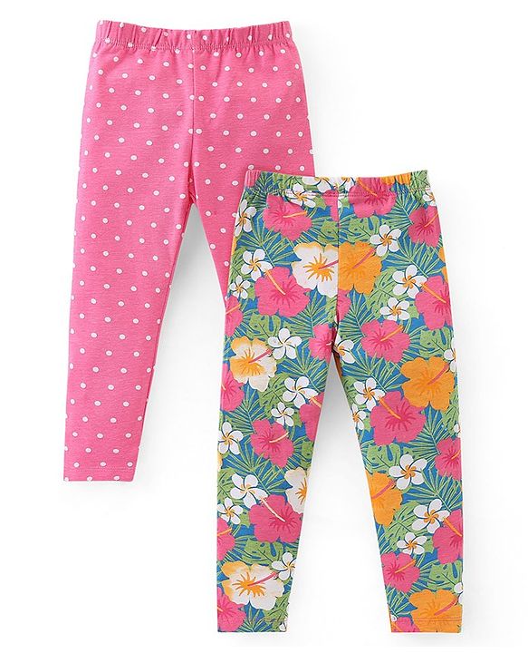 Babyhug Cotton Lycra Knit Full Length Stretchable Leggings with Floral & Polka Dots Print Pack of 2 - Multicolour